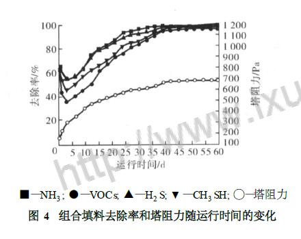  組合填料去除率和塔阻力隨運(yùn)行時間的變化